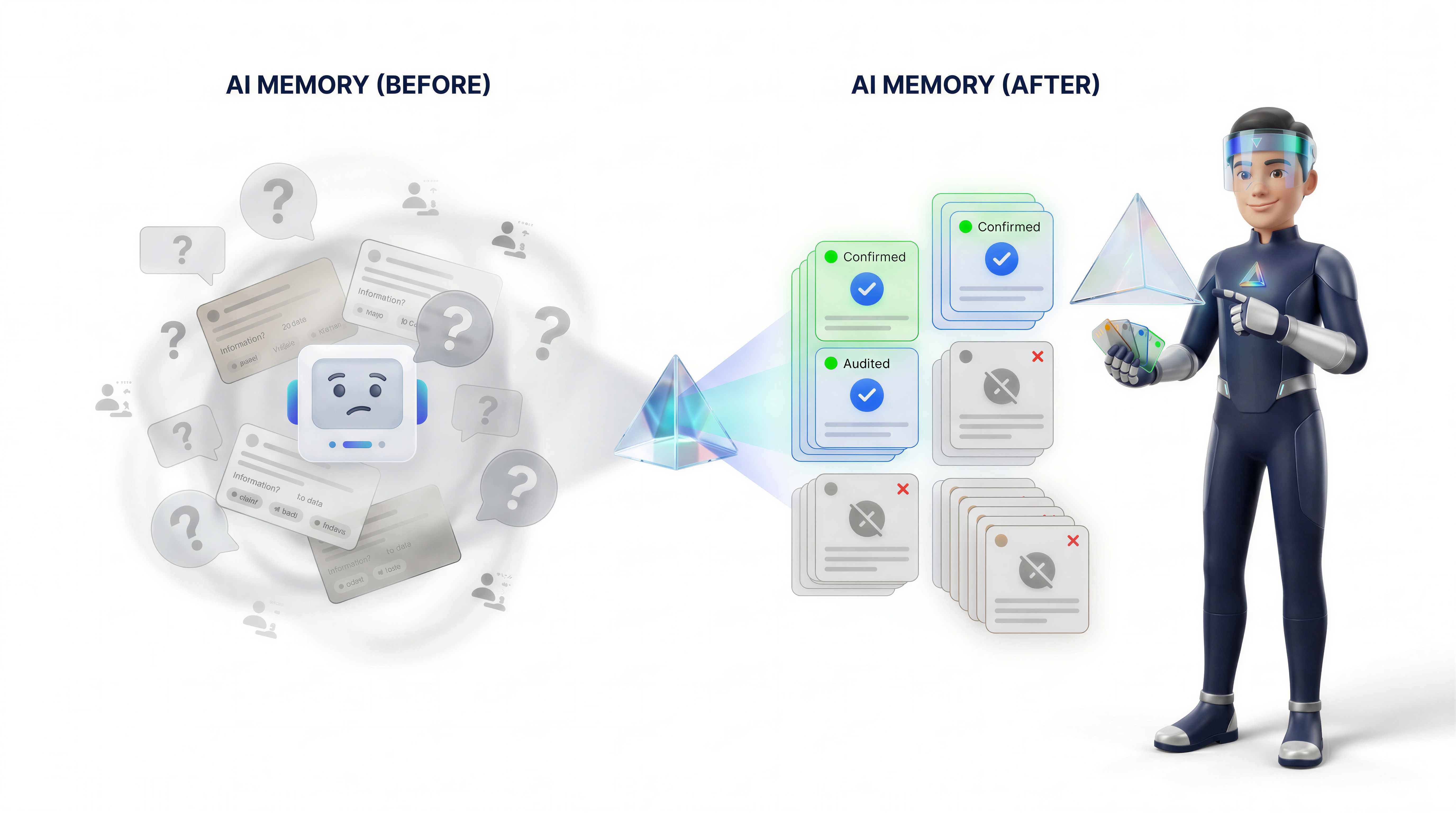 AI memory before and after: messy fragments on the left become confirmed, audited, and stale memory cards on the right